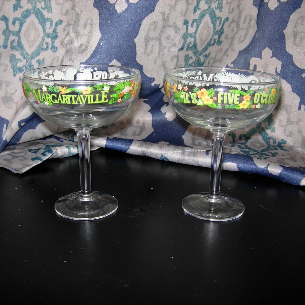 2 "MARGARITAVILLE" Its Five o'clock Somewhere Margarita Glasses Jimmy Buffett